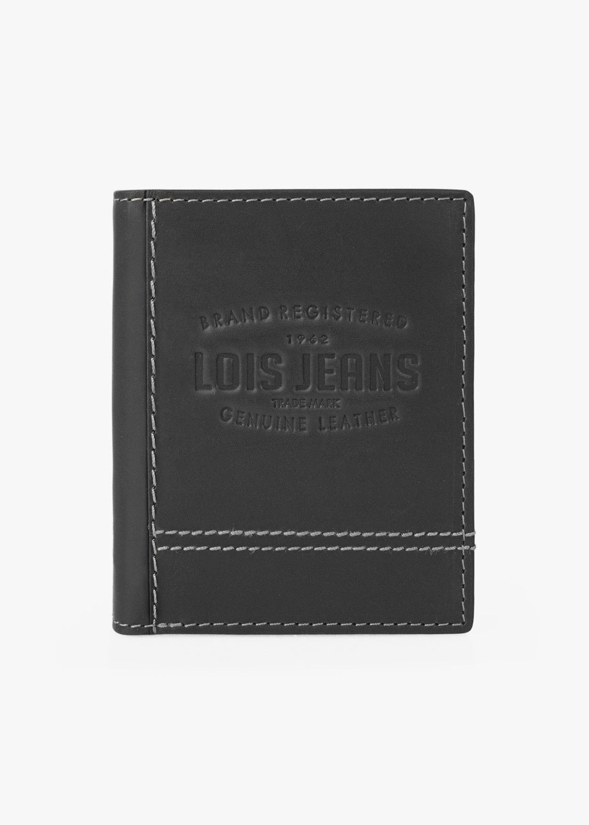 Cartera billetera piel con grabado y costuras en contraste negro